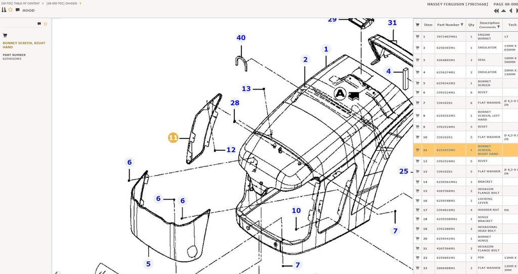 AGCO 6254353M3 Right Hand Hood Screen for Massey Ferguson GC1705 GC1710 GC1715 GC1720