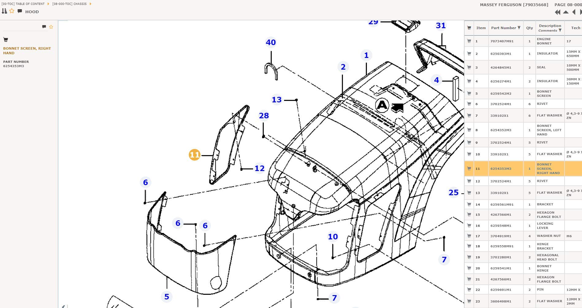 AGCO 6254353M3 Right Hand Hood Screen for Massey Ferguson GC1705 GC1710 GC1715 GC1720