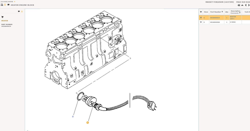 V836840934 Engine Block Heater 1000W 120V Agco Massey Ferguson, Challenger  Fendt Tractors