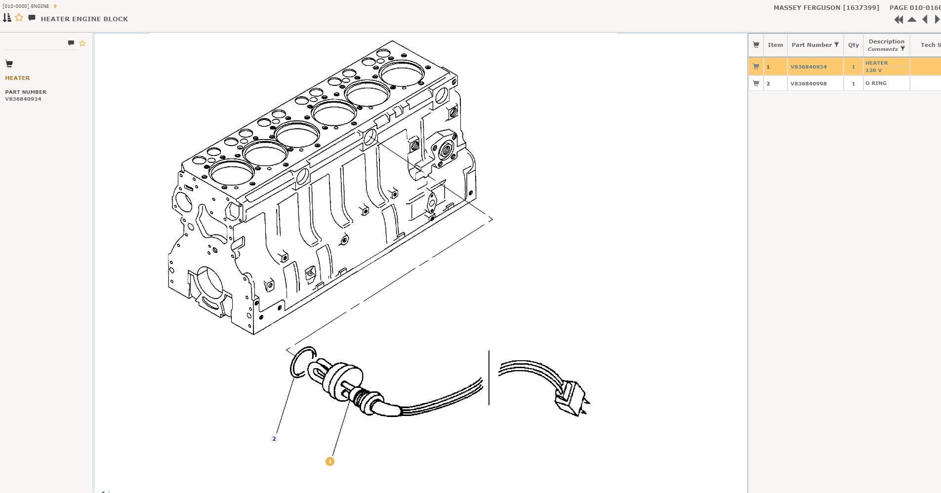 V836840934 Engine Block Heater 1000W 120V Agco Massey Ferguson, Challenger  Fendt Tractors