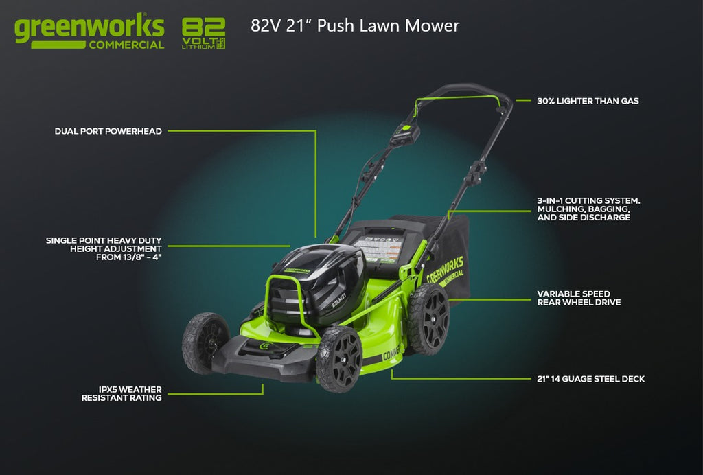 Greenworks Commercial 82V 21" Brushless Push Mower with (1) 5Ah Battery and Dual Port Charger (82LM21-5DP)