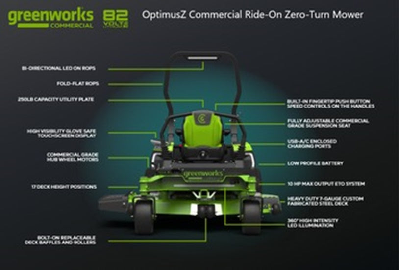 Greenworks Commercial 82v OptimusZ 60” 24kWh Ride-On Zero-Turn Mower